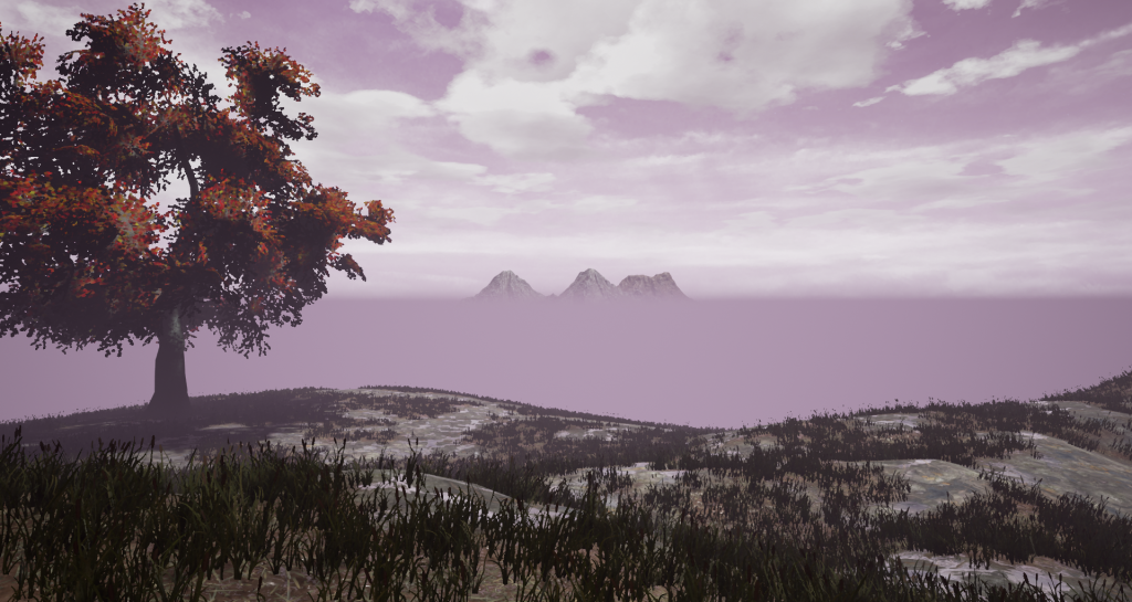 Screen shot of the new procedural background mountains in the game Fictorum